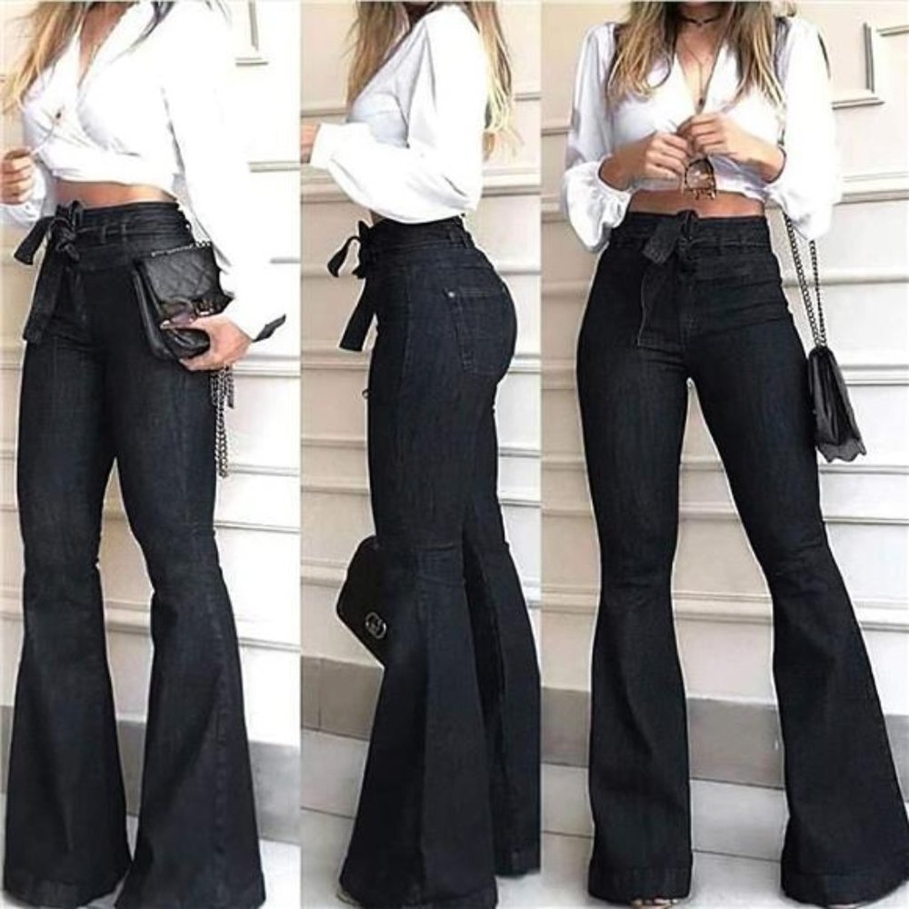 Black High Waist Bell Bottom Flare Jeans Wide Leg Belted Bow Denim‎ Pants